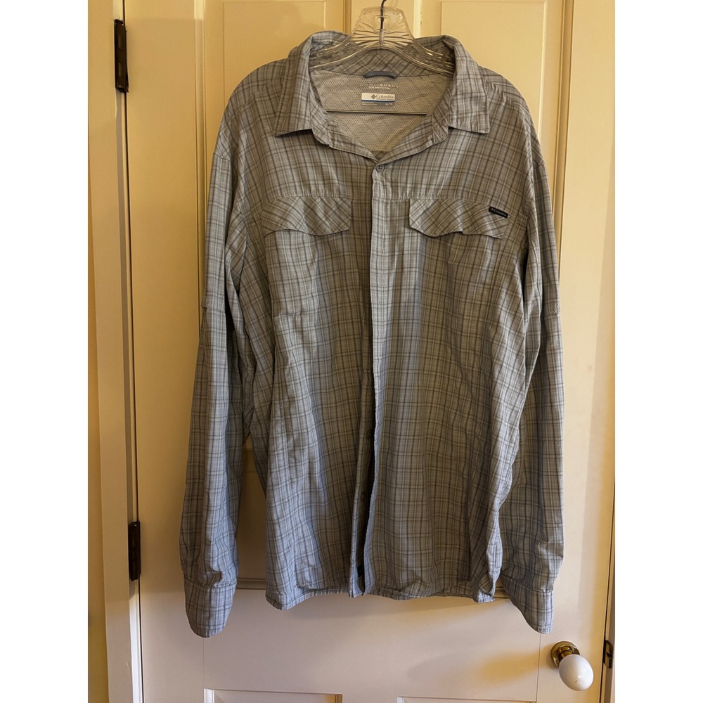 Columbia Mens Omni-Shade Plaid Long Sleeve Hiking Shirt XL Grey Blue UPF